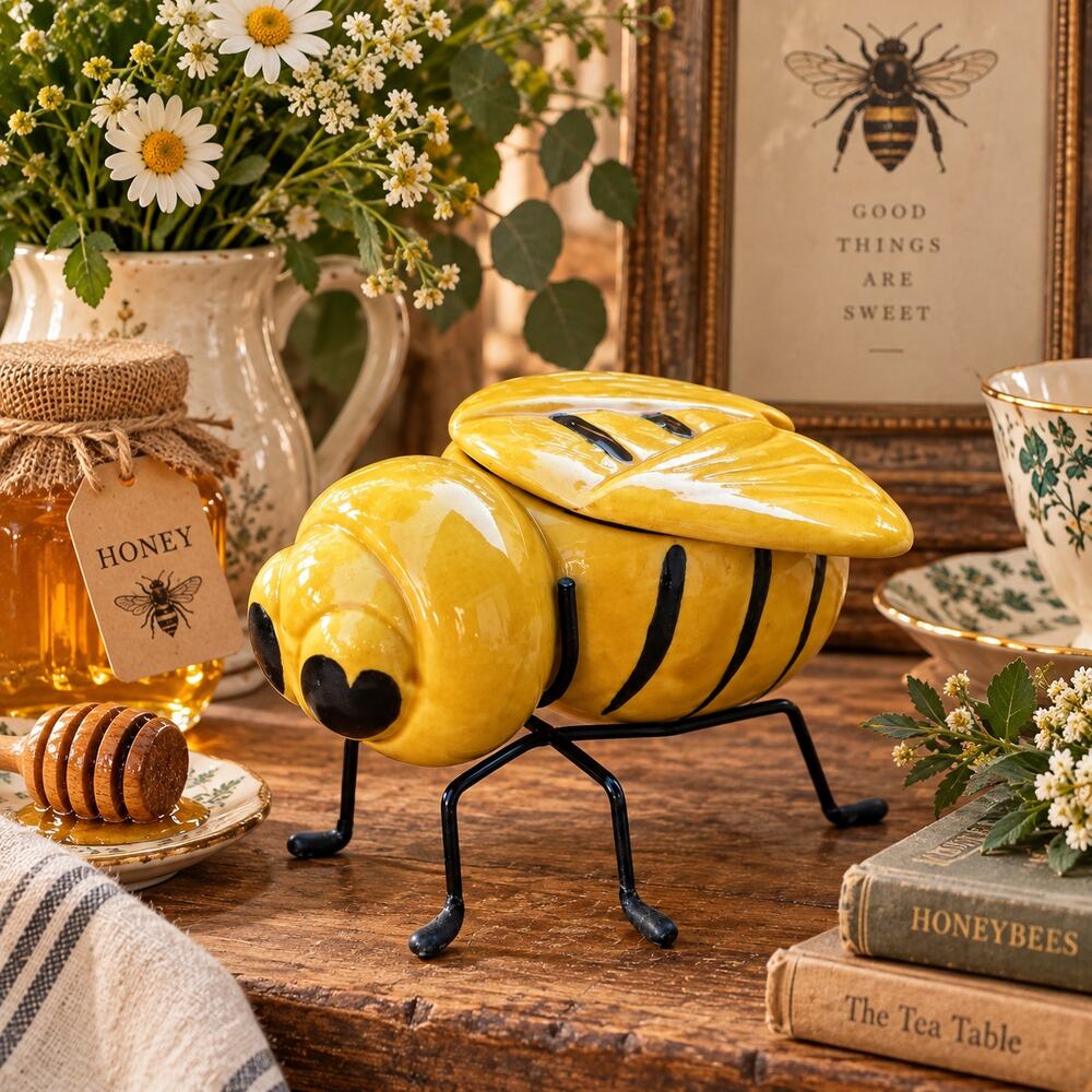 Vintage Ceramic Bumble Bee Honey Pot Trinket Dish Yellow MCM Kitchen Decor